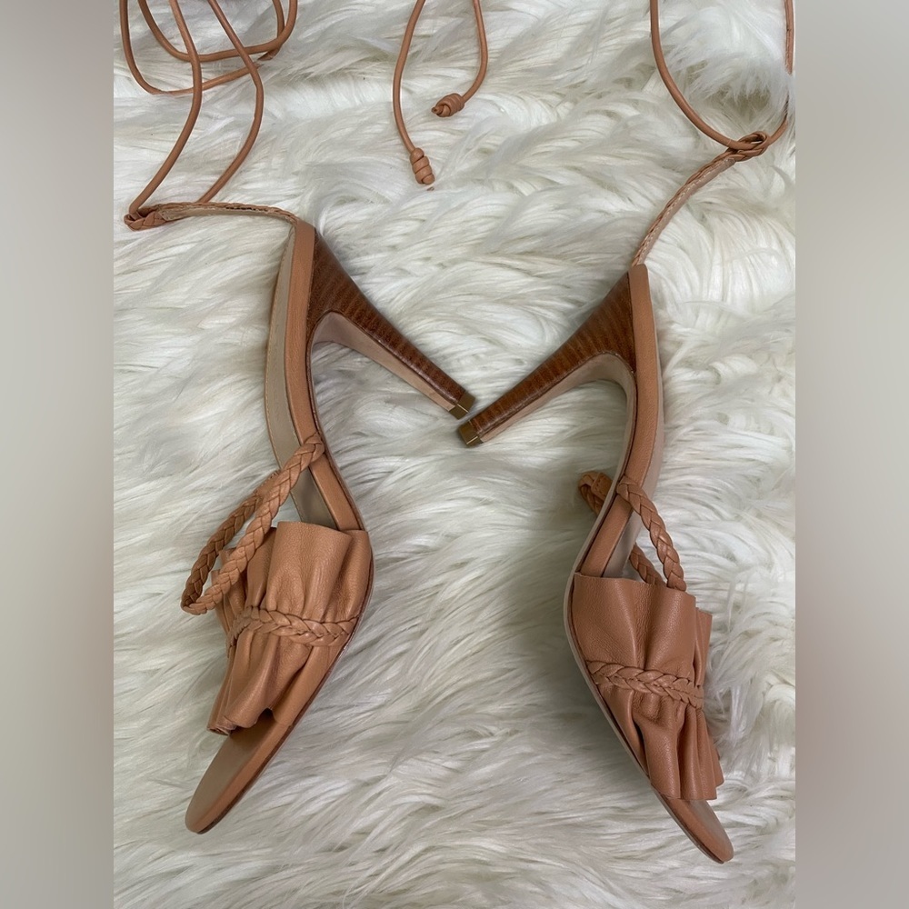 Ulla Johnson Floral Ruffle Strappy Leather Sandals Heels Brown Size 37/ US 6.5 - Picture 3 of 6